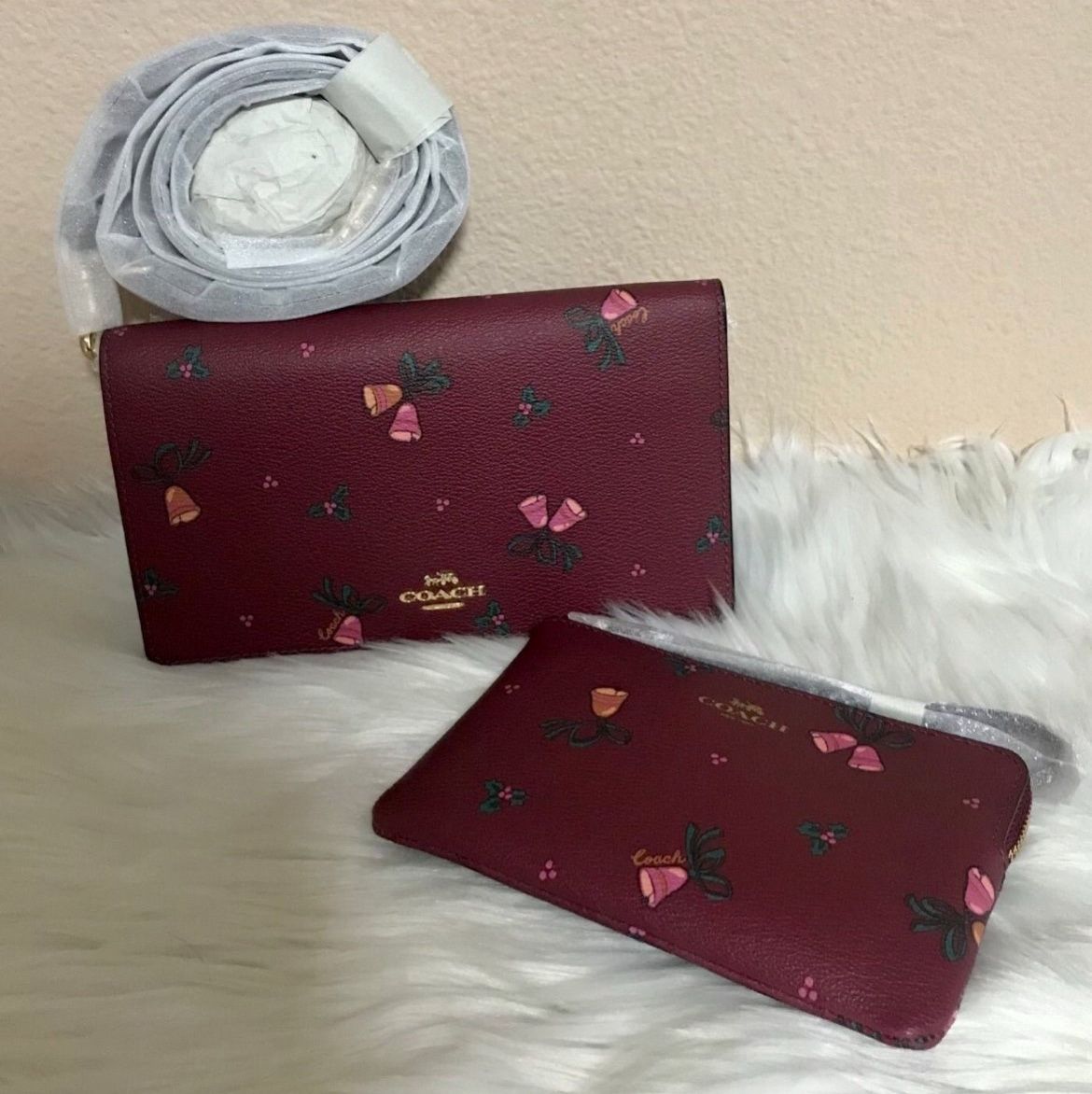 Coach Anna Foldover Clutch Crossbody and Corner Zip Wristlet With Holiday Bells