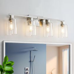 4 Light Bathroom Light Fixtures, Brushed Nickel Modern Bathroom Vanity Light with Clear Glass Shade, Bathroom Lighting Fixtures Over Mirror, Vanity Li