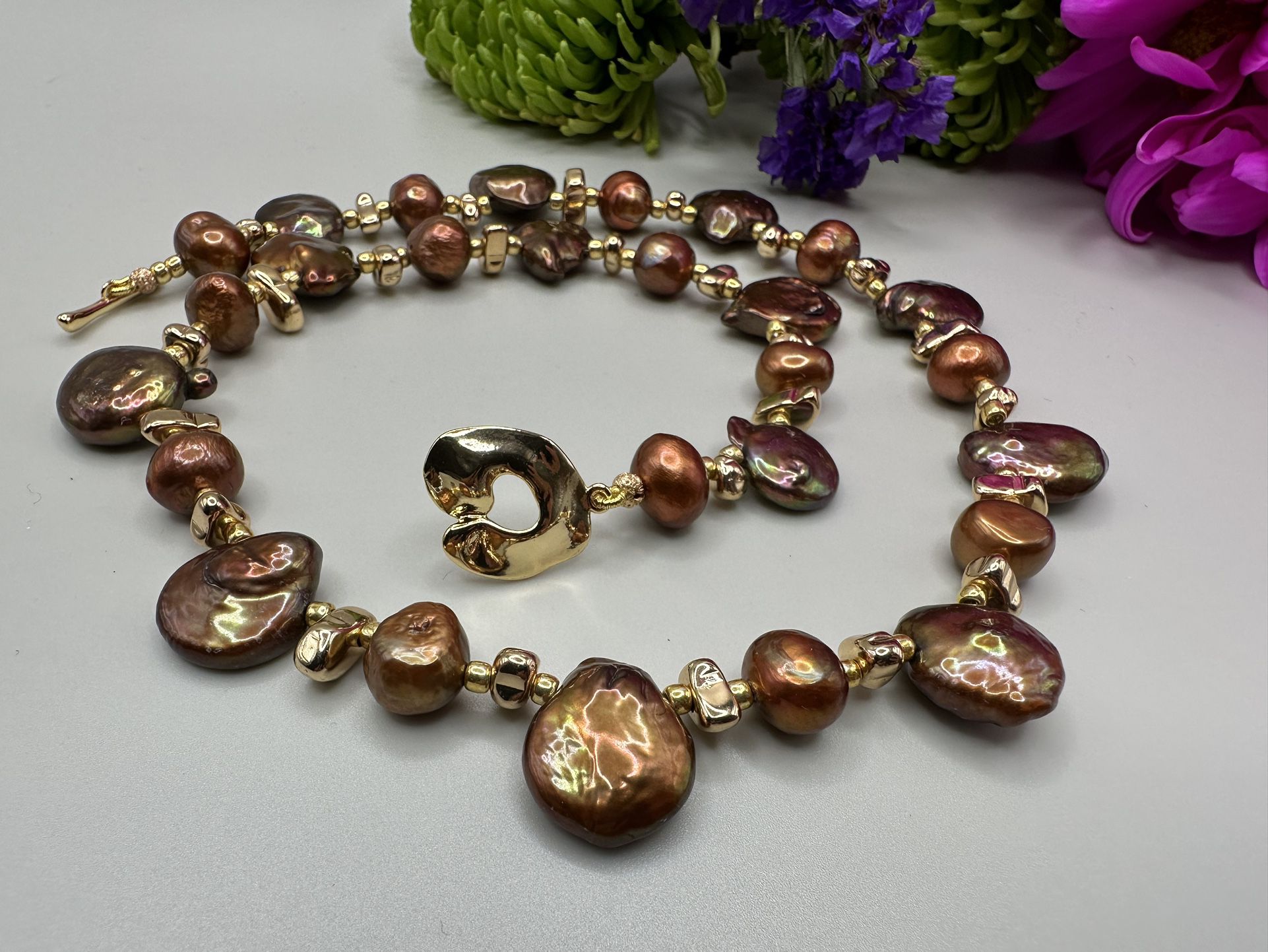 NEW Chocolate brown baroque coin pearl choker, AAA quality freshwater, 18K gold plated toggle