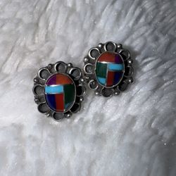 Vintage Navajo Sterling Silver Multi Gemstone Inlaid Pierced Earrings 
