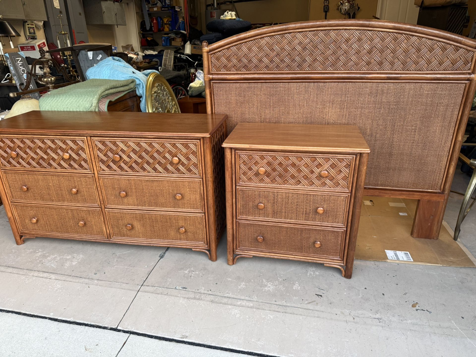 Classic Rattan bedroom, set consisting of one large dresser, nightstand, and queen size/twin headboard