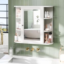 New Bathroom Wall Cabinet with Mirror, Wall Mounted Medicine Cabinet with 4 Internal and 6 Open Shelves, Mirrored Door Over the Toilet Storage Cabinet