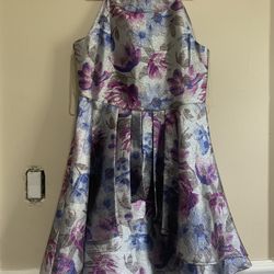 Calvin Klein Girls Silver Floral Brocade Party Dress Size 10 High Low Hem