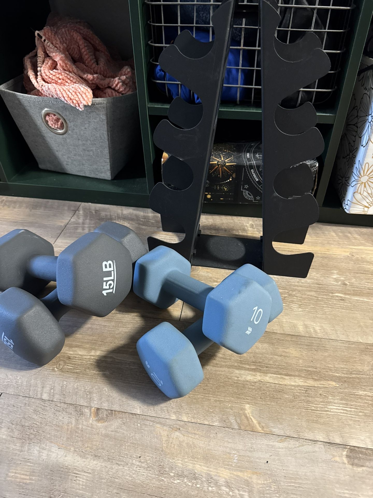 Dumbells And Rack 15lb and 10lb