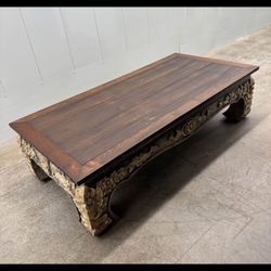 Hand-Carved Solid Wood Coffee Table, Floral Base, 59” – Excellent
