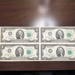 Sheet Of Uncut & Uncirculated $2 Dollar Bills