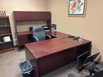 Cherry Wood L-Shaped Executive Desk with Hutch