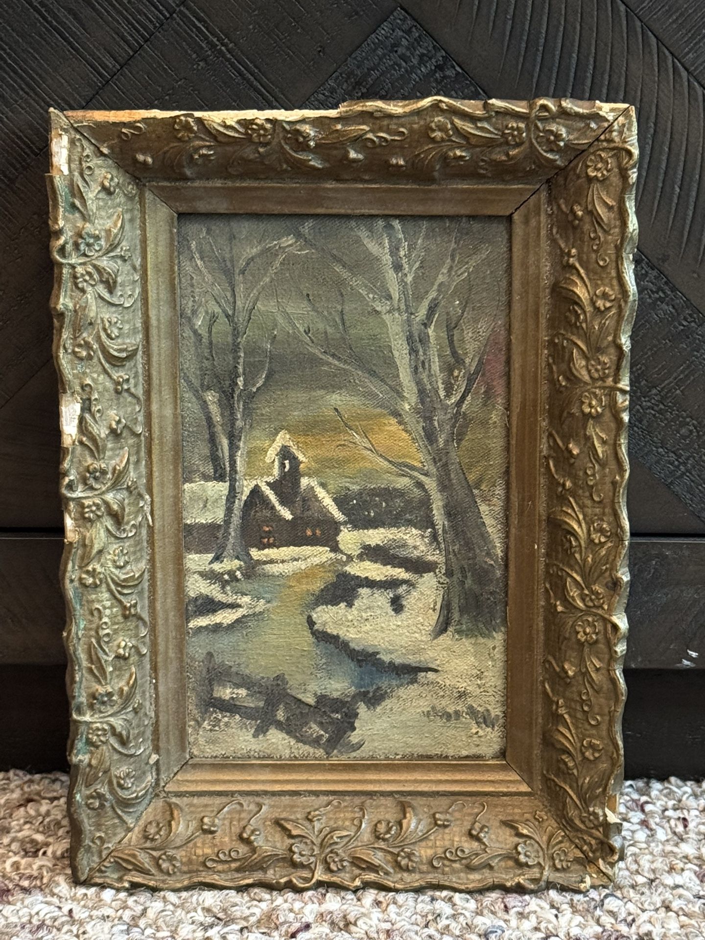 Antique c1920s Winter Church Landscape by Mystery Artist