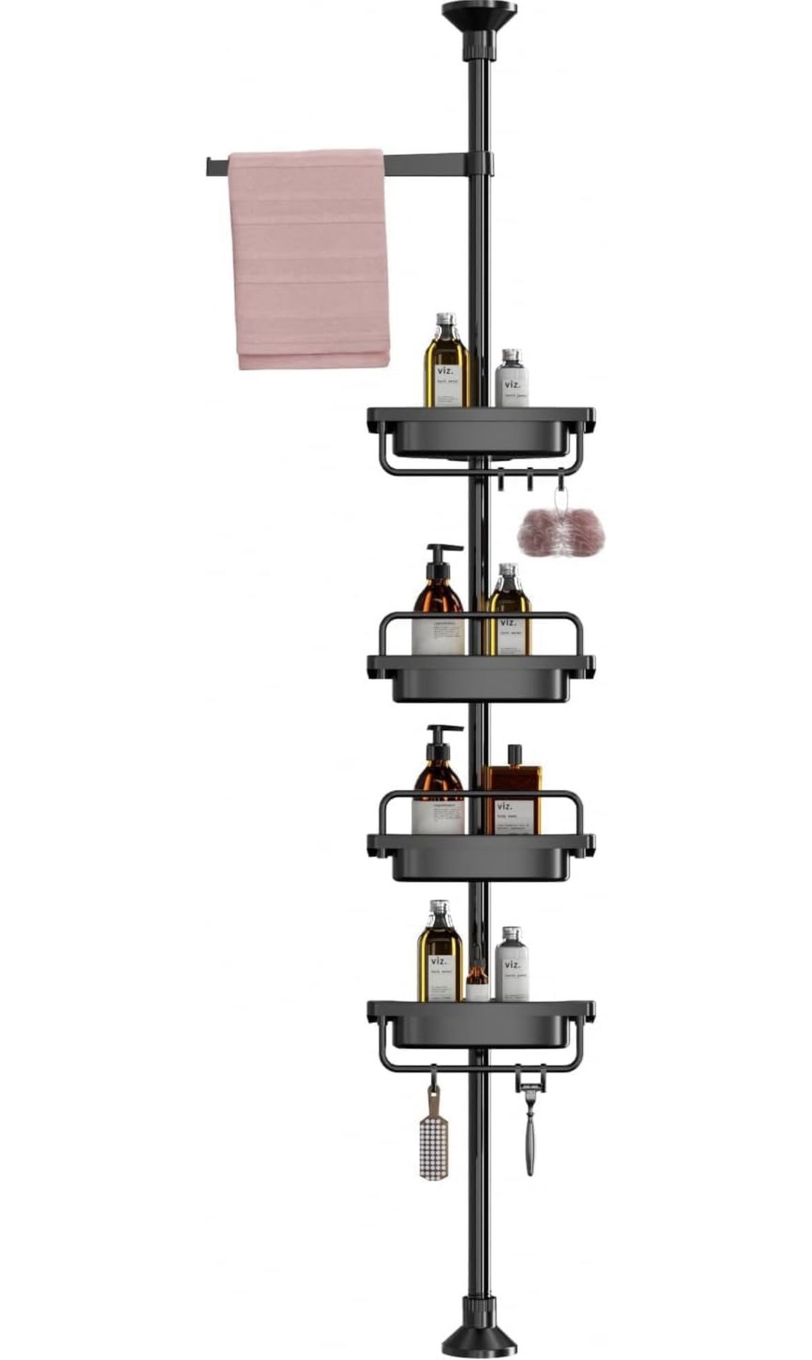4-Tier Corner Shower Caddy, Large Storage, Drill Free, Tension Pole, 56-116 Inch