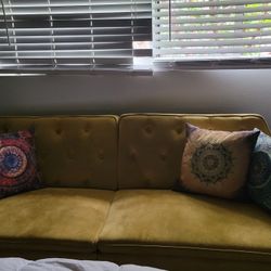 Retro Yellow Couch With Throw Pillows