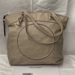 Coach Laura Signature F18336 Embossed Leather Taupe Tote Bag w COA