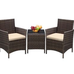 3 Pieces Patio Furniture Sets Outdoor PE Rattan Wicker Chairs with Soft Cushion and Glass Coffee Table for Garden Backyard Porch Poolside, Brown and B