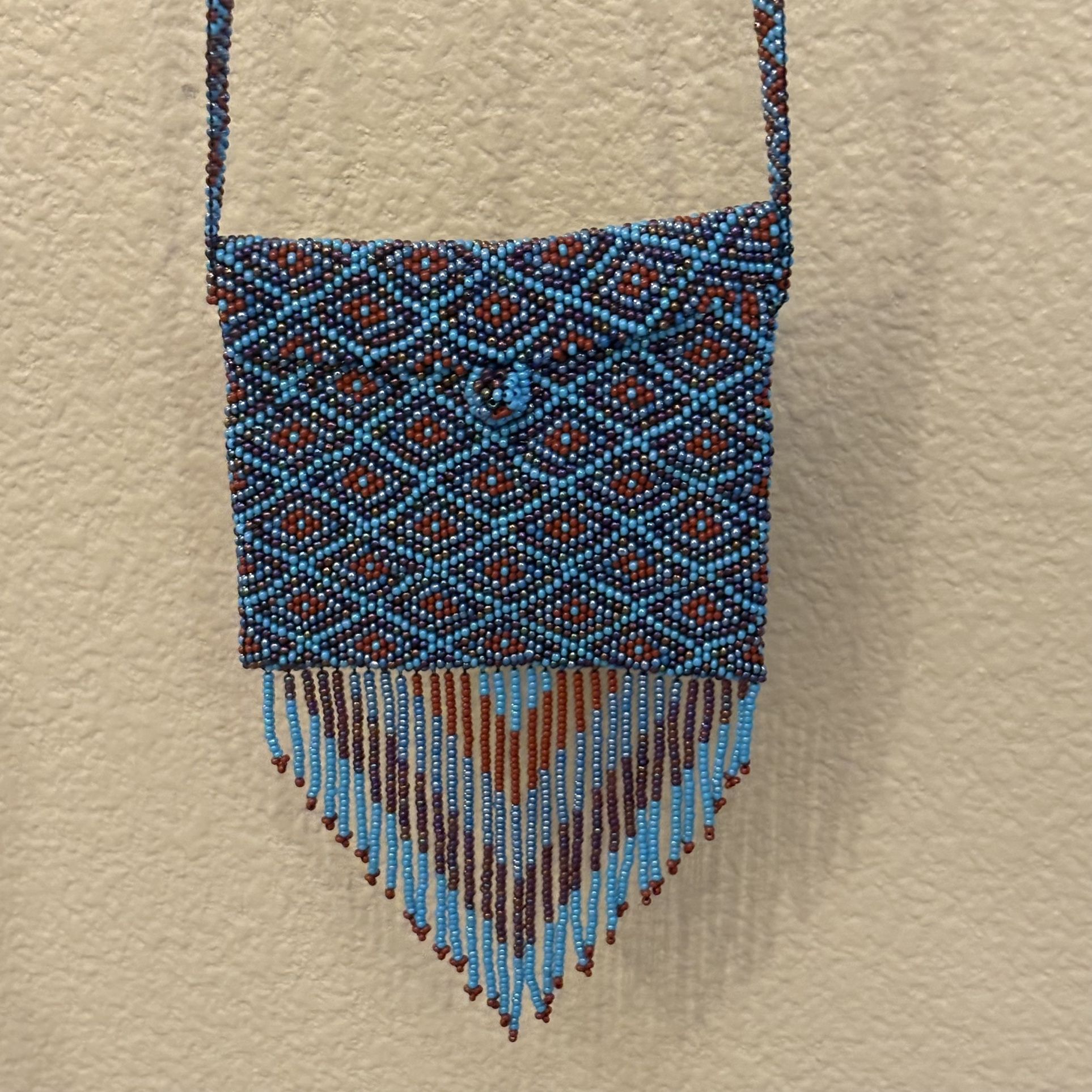 Elegant Beaded Blue and Burgundy Fringe Mini Bag Size 3 1/2”x4”