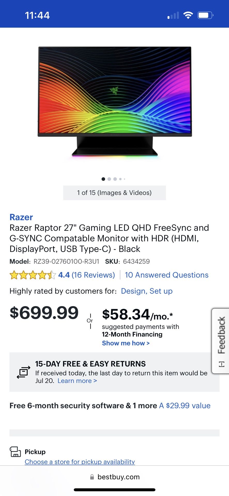 Razer Raptor 27 Pc Gaming / Professional Use Monitor