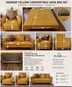 Yagmur Yellow Convertible Sofa Bed Set