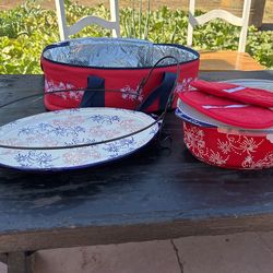 Warm Food Plates Dishes Picnic Food Storage Floral Red White Blue American Fireworks