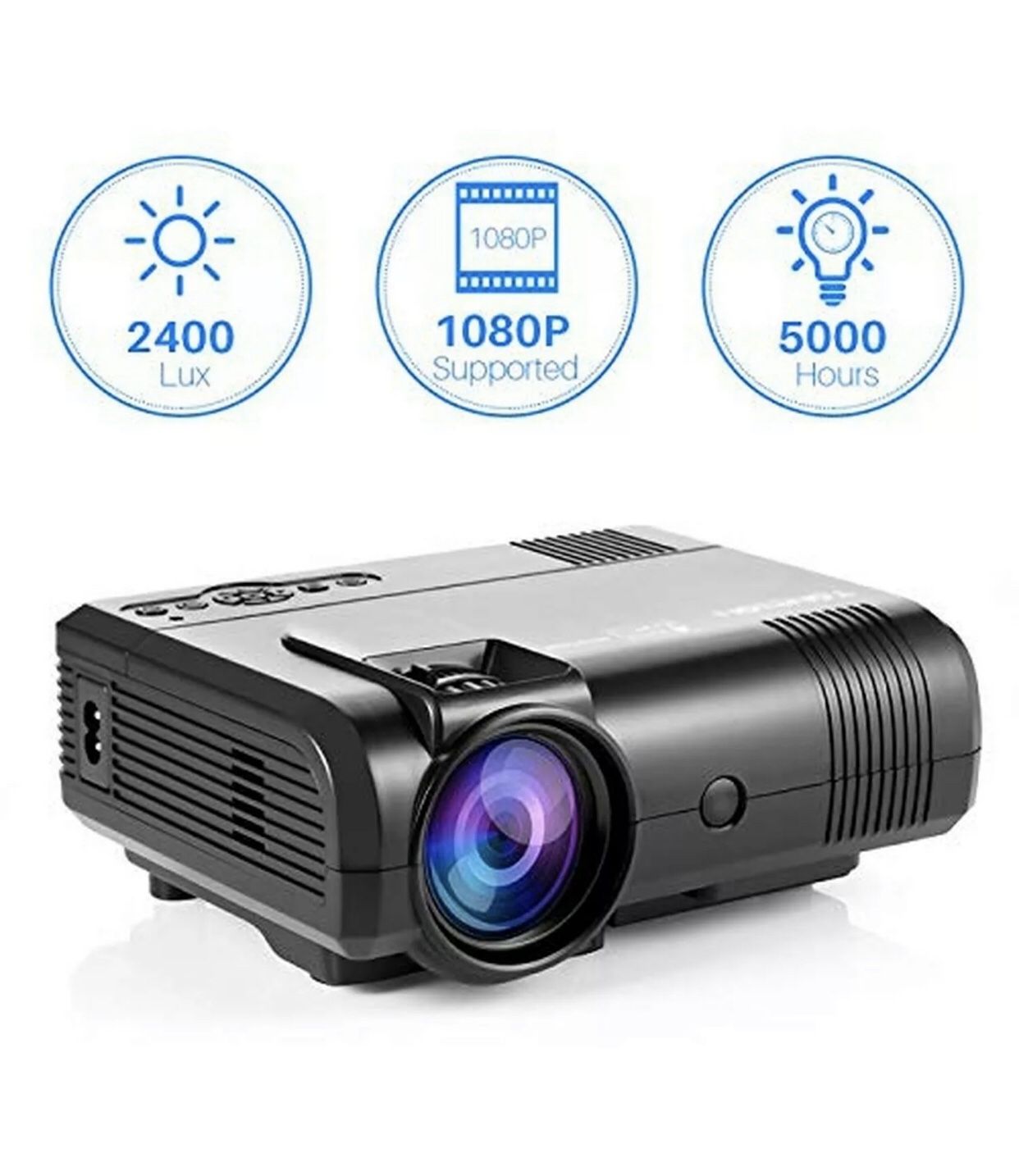 Tontion 2400 Lux Video Projector supporting 1080P -50,000 Hour LED Full HD Mini Projector, Compatible with Fire TV Stick, smartphones, HDMI, VGA, US
