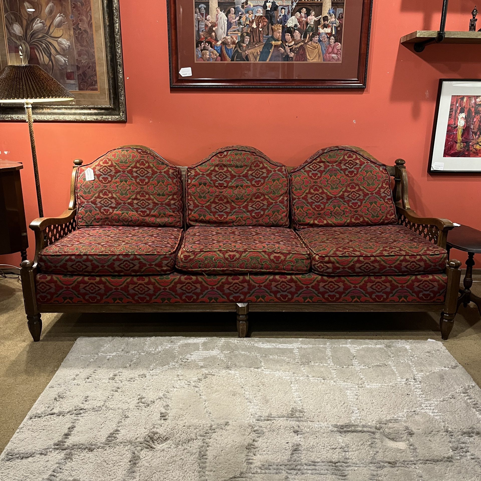 Indian Carved Red Floral 3 Seat Sofa