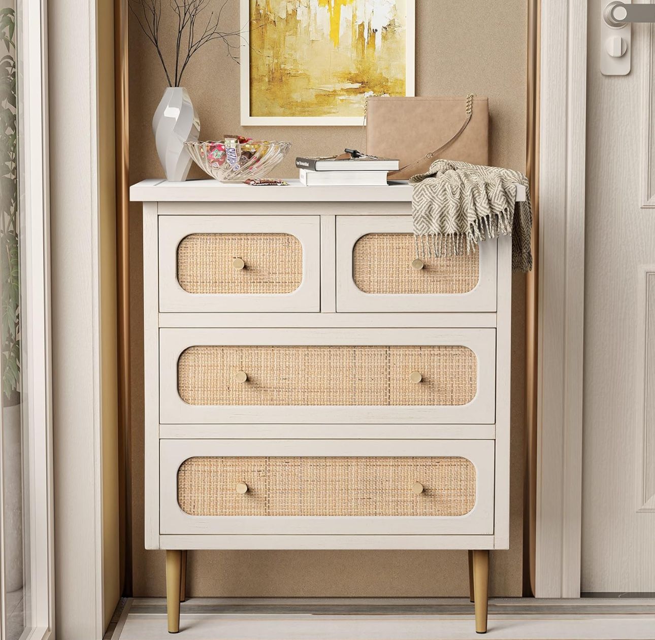 Wicker Rattan Chest of Drawers, 4-Drawer Dresser, White Finish Wooden Storage Cabinet