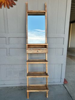 Rustic Wooden Ladder Shelf with Mirror