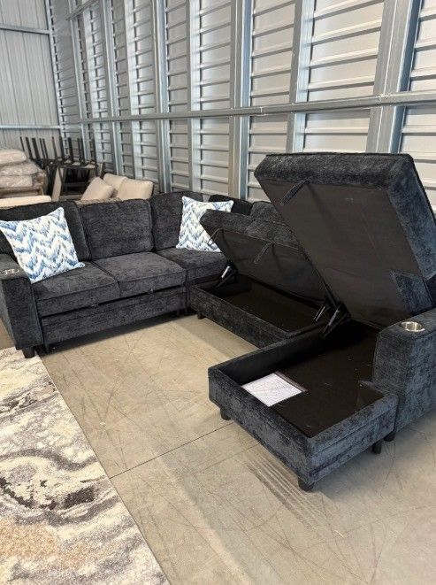 Brand New Dark Grey Fabric U Shape Huge Pull Out Sectional Sofa W/ Cup Holders USB Ports & Storage Space