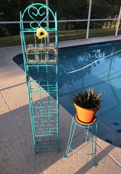 Teal metal shelve and plant stand