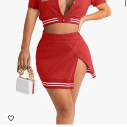 BZSFW Women Varsity Jackets Vintage Letter Print Short Sleeve Baseball Coat High Waist Slit Skirt 2 Pieces Outfit Tracksuit