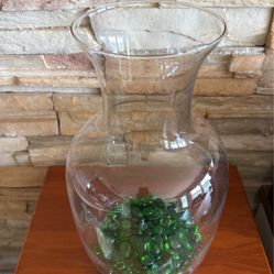 Glass Vase With Green Glass Decor 15” Tall 