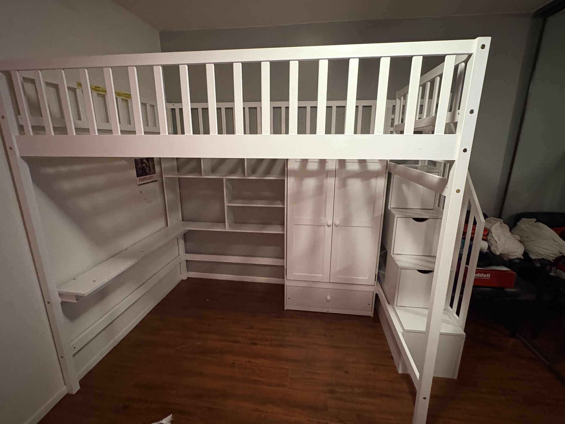Full Size White Loft Bed w/ Stairs, Desk, Shelves & Wardrobe