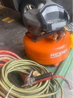 Bundle RIDGID 6 Gal. 150 PSI Portable Electric Oil-Free Pancake Air Compressor w/ dual pressure gauges extras tire gauge  extension hose  & cord
