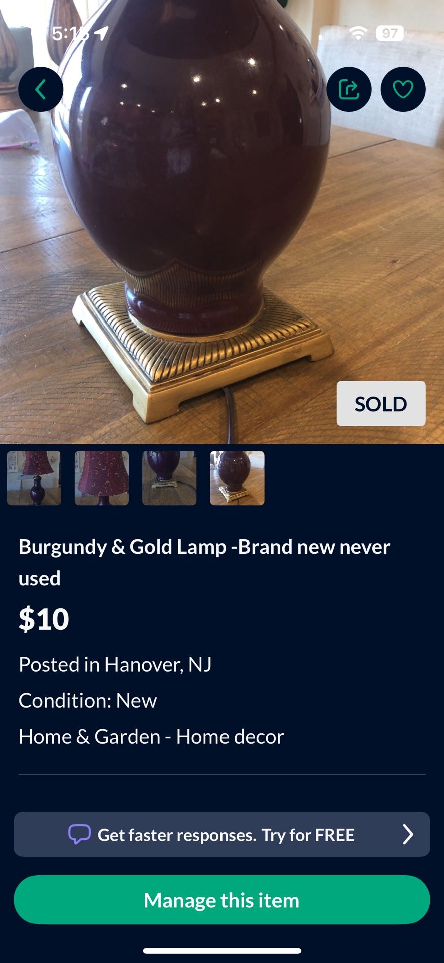 Not sold - Burgundy & Gold Lamp -Brand new never used