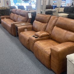 “Game Player” Dual American Cowhide Leather Power Reclining Sofa & Love Seat. $1,000 Off Regular Price!!