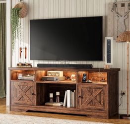 New - 59” Farmhouse TV Stand for TVs up to 65” – Walnut, LED Lights & Power Outlet