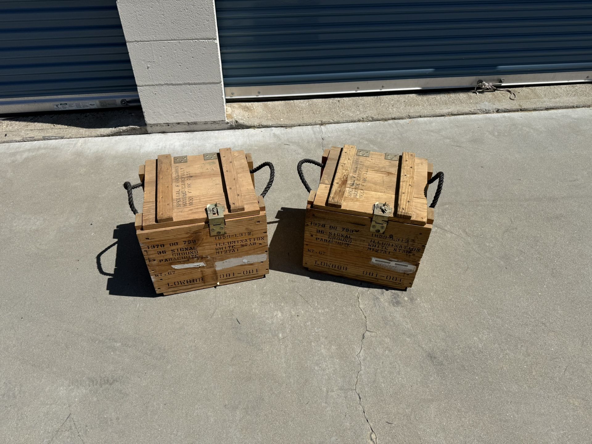 Military Flare Wood Boxes / Crates. Rope handled. Cool display pieces or great for storage too. Price is for both Dimensions: 13 1/2 “ x 15” wide x 1