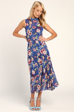 NWOT Lulus In My Dreams Blue Floral Print Midi Dress M