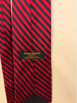 Brooks Brothers Handmade Red Navy Striped Woven Silk Tie w/ Logo Accent