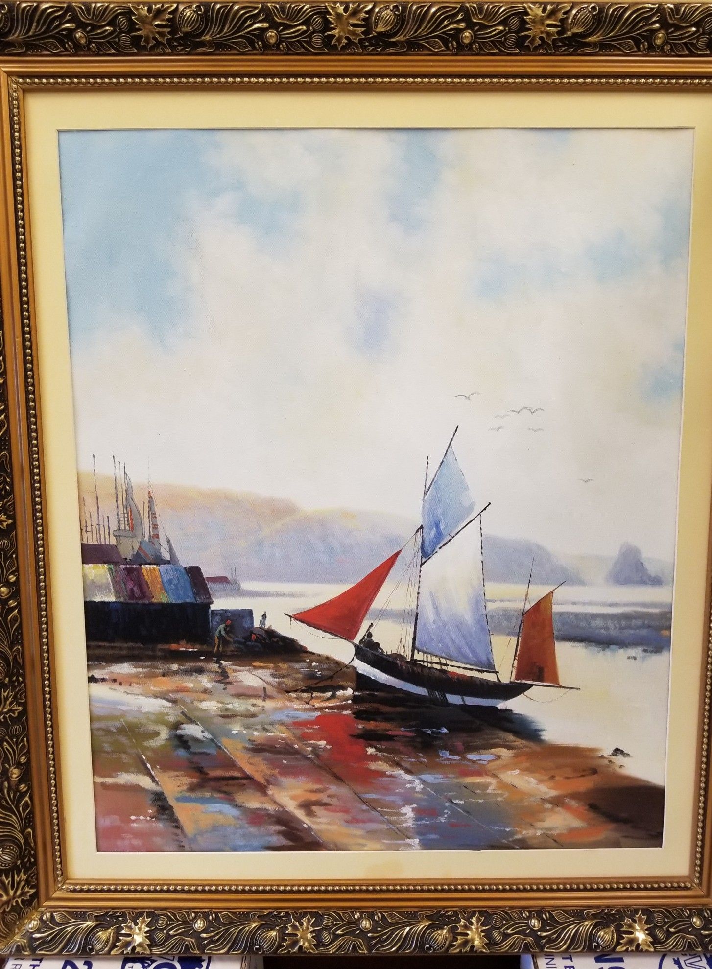 Mother's Day gift, mom Original Abstract Seascape, Seashore, harbor, port, red ships, Sailboat Sailing in Harbor, Pier Oil Painting