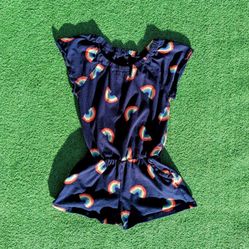 Gap Kids Girls Sz Small Navy Multi-Rainbow Print Pull-over Romper w/Pockets EUC