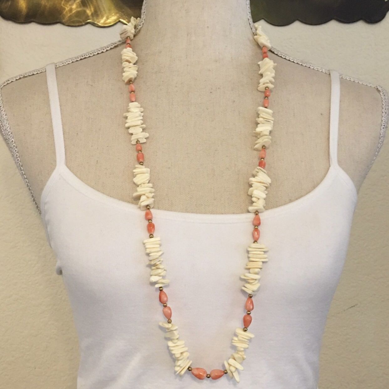 Vintage faux coral two tone long necklace