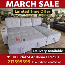 84"W Gray Woven Fabric Reversible Sleeper Sectional Sofa with Storage Chaise, Storage Arm, Cup Holder, Charging Ports, Side Pockets
