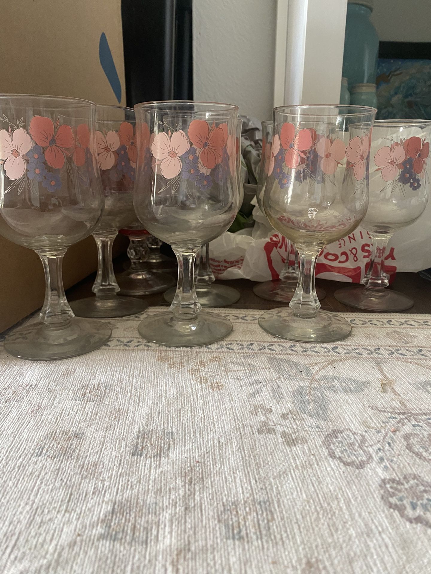 Seven vintage wine glasses