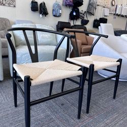 Mid-Century Metal Dining Chairs with Woven Hemp Seat, Set of 2, Black, New