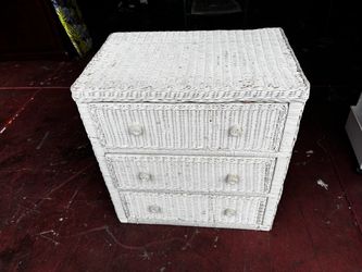 Charming White Wicker 3-Drawer Cabinet / Nightstand – Boho Coastal Style Storage | Local Pickup