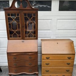 2 Antique / vintage solid wood secretary desk w/3  drawer dresser $95, taller display curio w/key  $150 