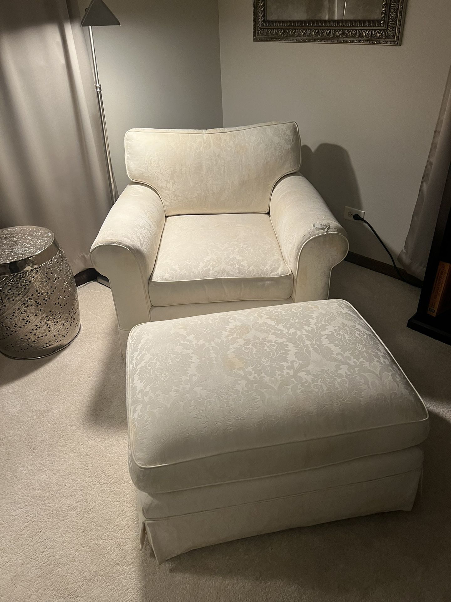 White Damask  Chair And Ottoman 