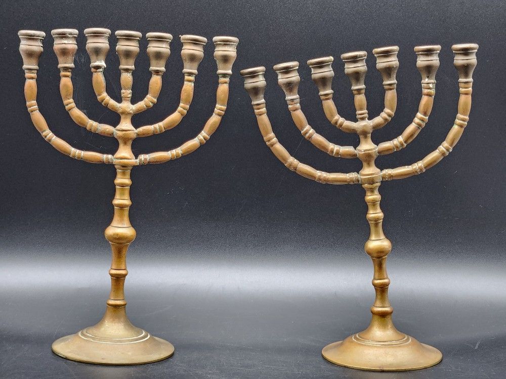 2 Available Vintage Judaica 9" Tall 7 Arm Brass Jewish Temple Hanukkah Chanukah Menorahs
