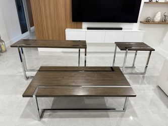 Dark wood finish stainless steel end table, console, and coffee table