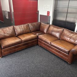 Ethan Allen Bennett Roll-Arm Leather Three-Piece Sectional With Nail Head Trim