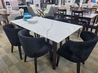 Marble-Top Dining Table with 6 Velvet Chairs