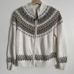 HEIRLOOM COLLECTIBLES Vintage 90s White Tan Fair Isle Full Zip Winter Sweater